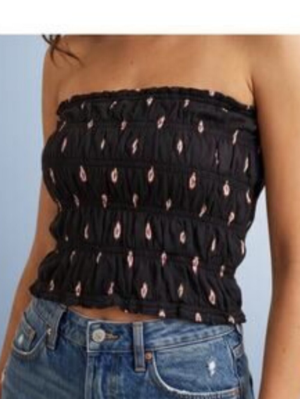 By Anthropologie Smocked Strapless Crop Top in Black with Orange Print